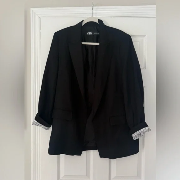 ZARA LINEN BLEND ROLL UP SLEEVE OPEN FRONT BLAZER BLACK SIZE L - Picture 4 of 8
